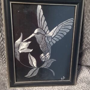 Framed Hummingbird Art in Black and Silver